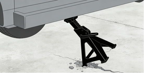 The jack was placed on the cracked concrete surface.