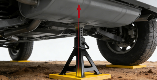 Jack Stand positioned with wooden pads for secure base