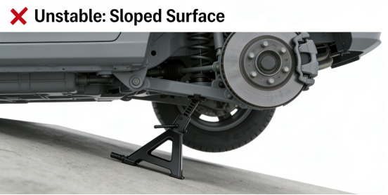The vehicle slipped off the jack stand due to poor ground contact.