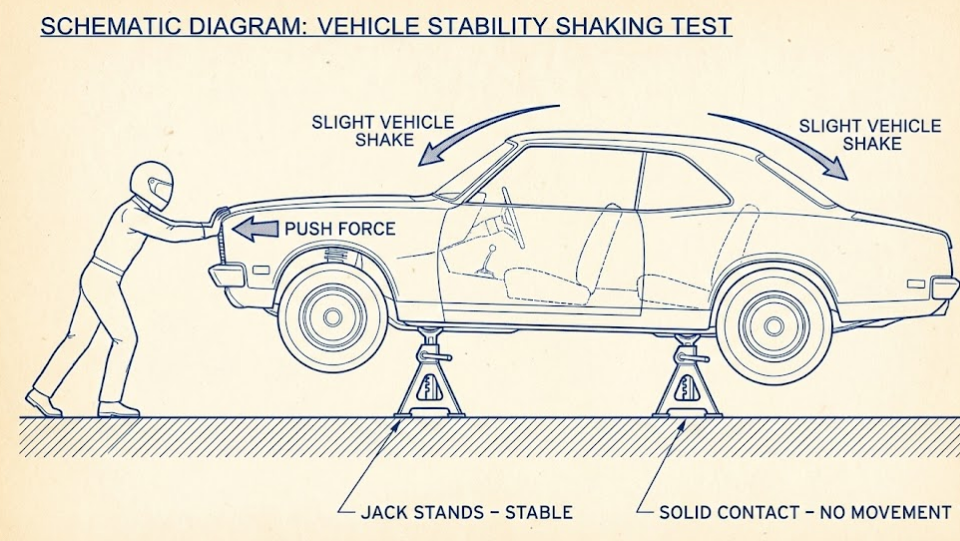 Schematic showing a vehicle stability test using stable jack stands.