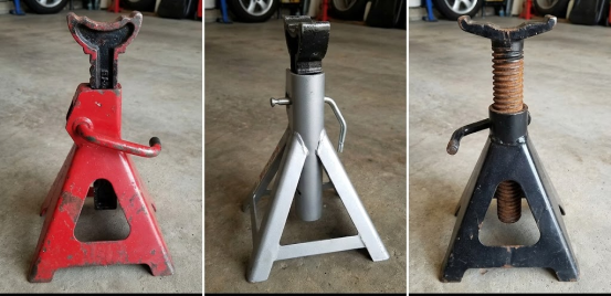 Three different types of jack stands showing common issues: ratchet, pin, and screw.