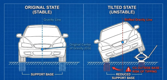 Vehicle Center of Gravity Diagram - showing original COG and how it shifts outside the support base when tilted.