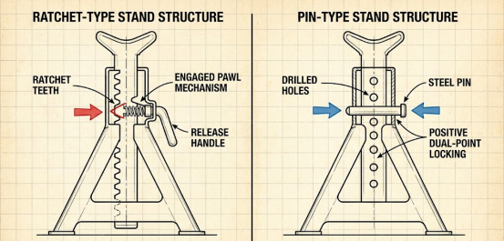 Technical diagram comparing the distinct locking mechanisms of ratchet and pin style jack stands.