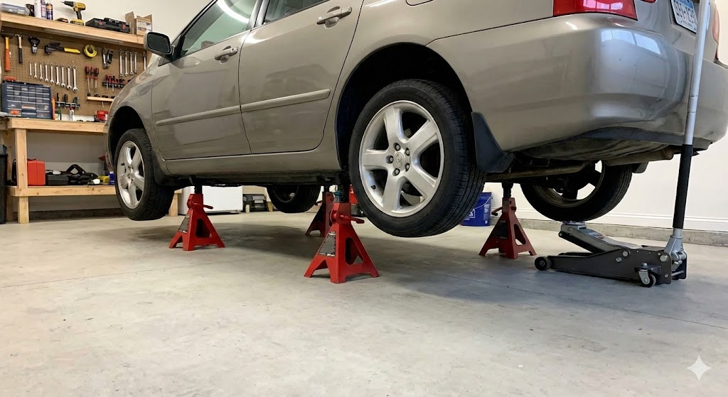 Beige car elevated safely on four red jack stands in a home garage.