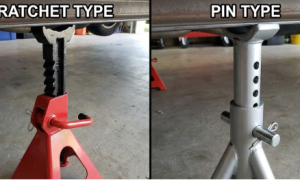 Compare ratchet and pin type jack stands securely supporting a vehicle for maintenance.