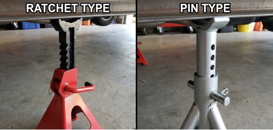 Compare ratchet and pin type jack stands securely supporting a vehicle for maintenance.
