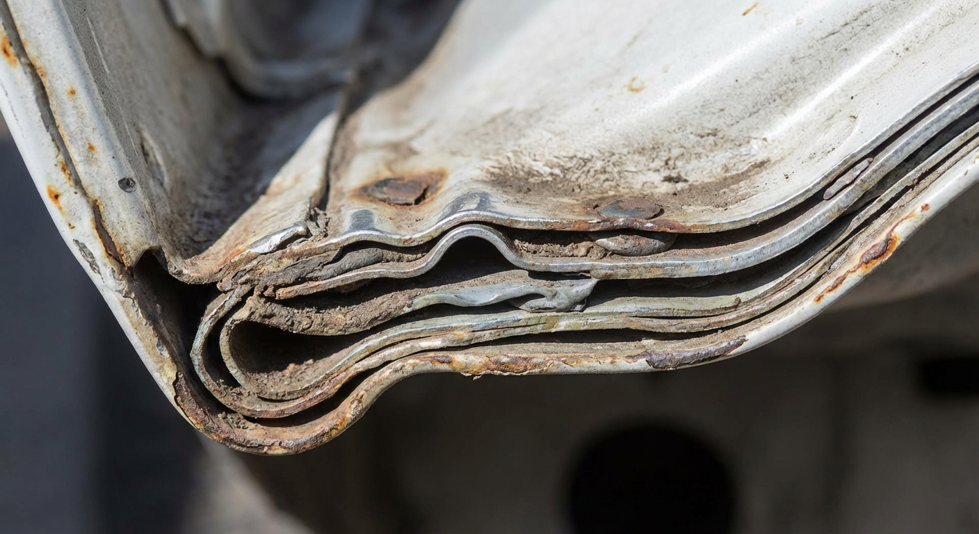 Close-up of severe pinch weld damage caused by improper jack stands contact.
