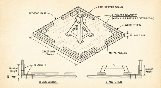 Diagram for DIY car support platform using plywood base for stability with jack stands.