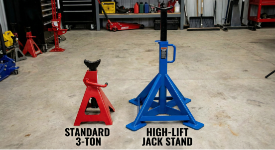 Comparing a standard 3-ton and a high-lift blue Jack Stand for vehicle support.