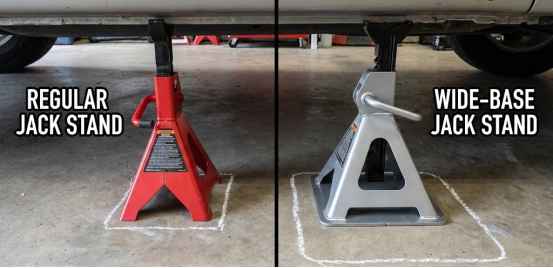 Comparing regular and wide-base jack stands safely supporting a vehicle on a concrete floor.