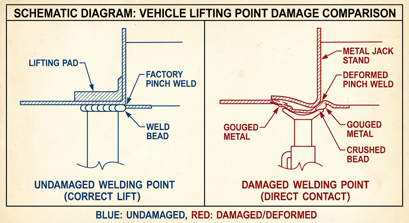 Diagram comparing undamaged vs. damaged vehicle lifting points from metal jack stands.
