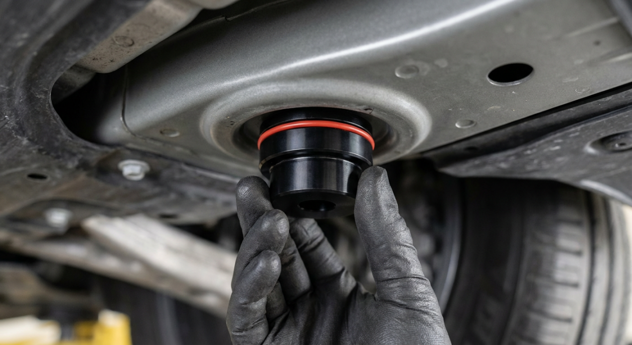 Hand installing a jack pad adapter for safe car lifting with jack stands.