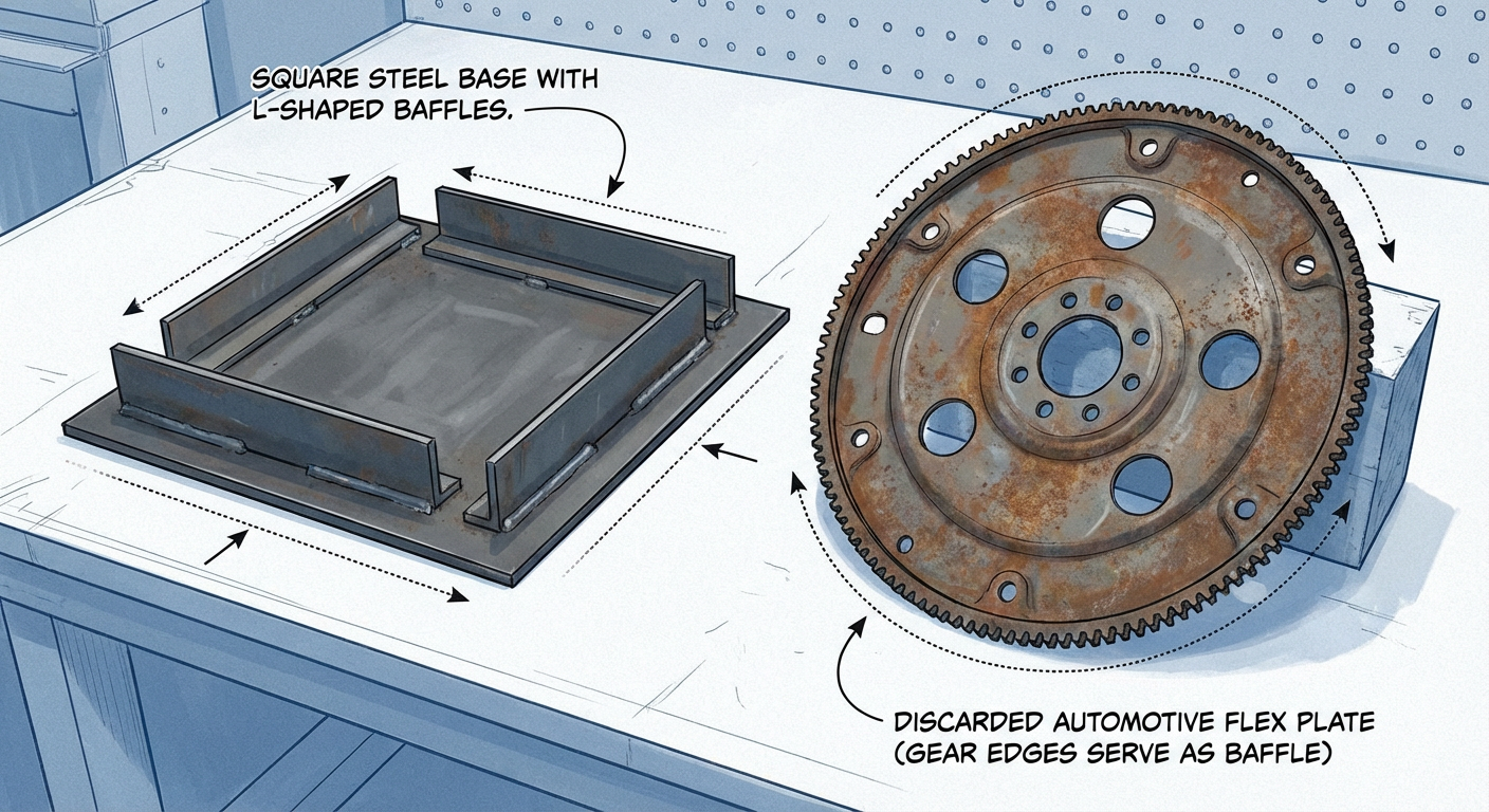 Workbench with custom steel base and rusty flex plate, for securing jack stands or car parts.