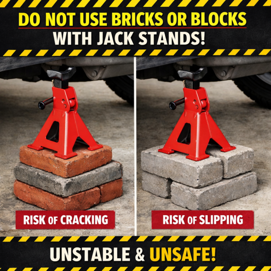 Warning: Never use bricks or blocks with Jack Stands; it's unstable and unsafe.