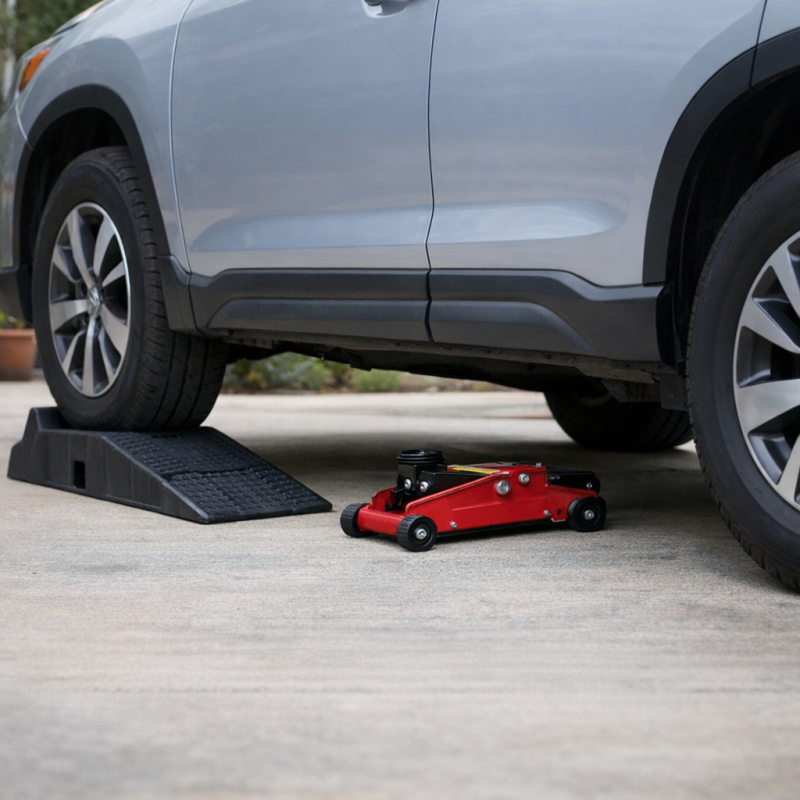 Silver SUV on a car ramp with a floor jack nearby. Always use Jack Stands for safety.