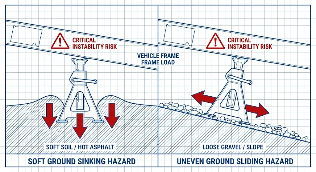 Safety diagram highlighting sinking and sliding hazards for jack stands on soft/uneven ground.