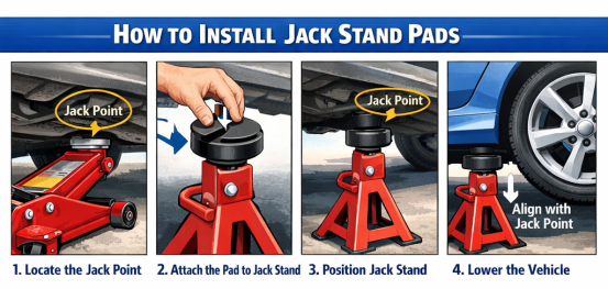Instructions showing how to properly install protective pads onto jack stands.