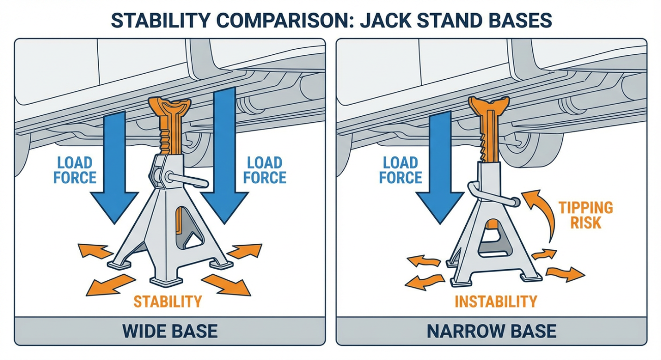 Diagram comparing stability of wide versus narrow base automotive jack stands.