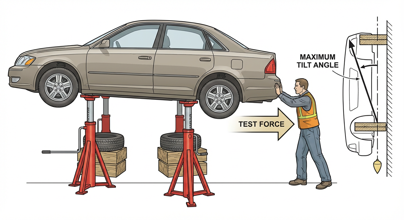 Illustration of a car elevated on tall jack stands, undergoing a stability tilt test.