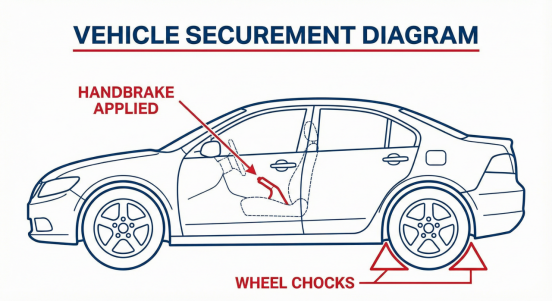 Vehicle securement diagram showing handbrake and wheel chocks, complementing Jack Stands safety.