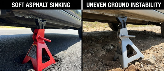 Comparison of jack stands on soft asphalt versus uneven ground.