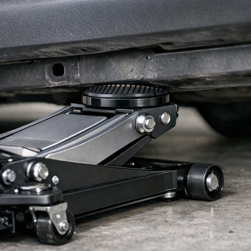 Close-up of a black hydraulic floor jack lifting a car chassis. Remember to use Jack Stands.