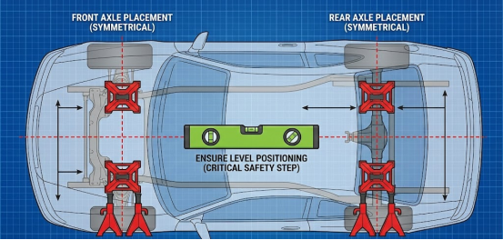 Overhead view showing correct, symmetrical placement of four jack stands for vehicle support.
