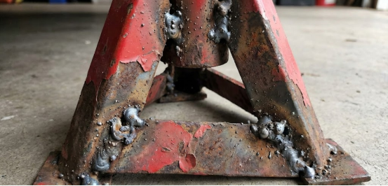 Rusty and welded jack stands highlight condition and repair.