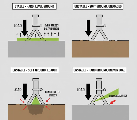 Infographic demonstrating safe and unsafe ground for using jack stands.