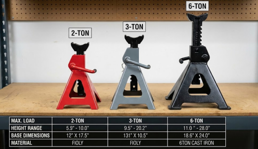 Various 2, 3, and 6-ton automotive jack stands displayed with specifications.