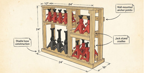 Wooden rack design for organizing and storing many jack stands securely.