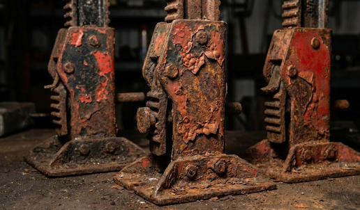 Three heavily rusted red jack stands with peeling paint, showing significant corrosion.
