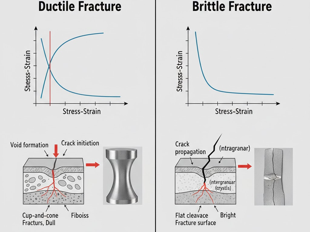 Diagrams illustrating ductile and brittle fracture, relevant for understanding jack stands material.