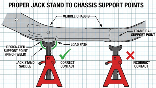 Diagram illustrating proper chassis support points for safe placement of jack stands.