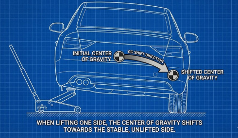 Diagram showing center of gravity shift when lifting a car, prior to using jack stands.