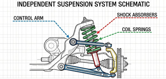 Schematic of independent suspension components: control arm, shocks, coil springs. Use jack stands for repairs.
