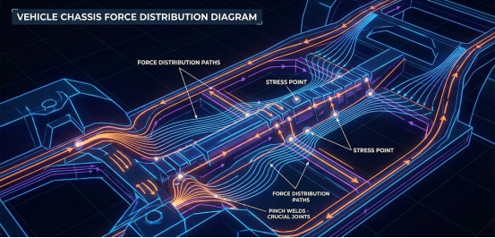 Diagram showing chassis force distribution; essential for safe use of jack stands.
