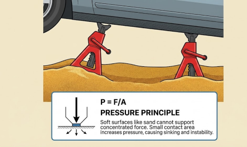 Illustration of Jack Stands sinking into sand due to pressure, showing instability principle.