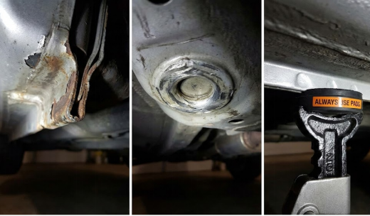 Close-up of car undercarriage, showing rust, jack point, and Jack Stands with protective pads.
