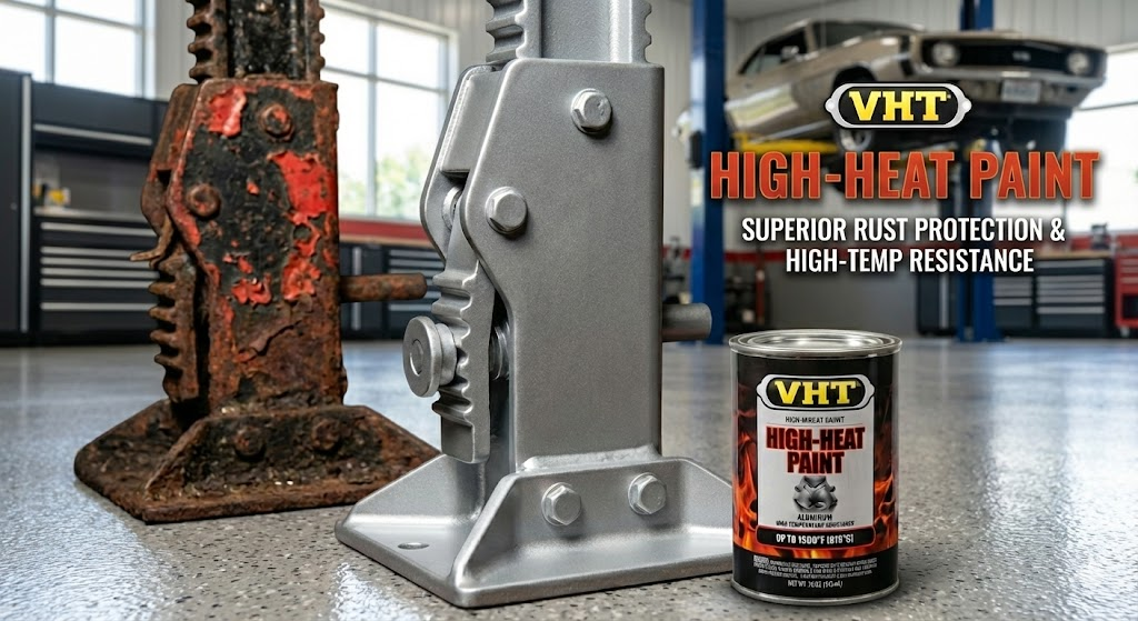 New and old jack stands side-by-side, showcasing VHT High-Heat paint for rust protection.