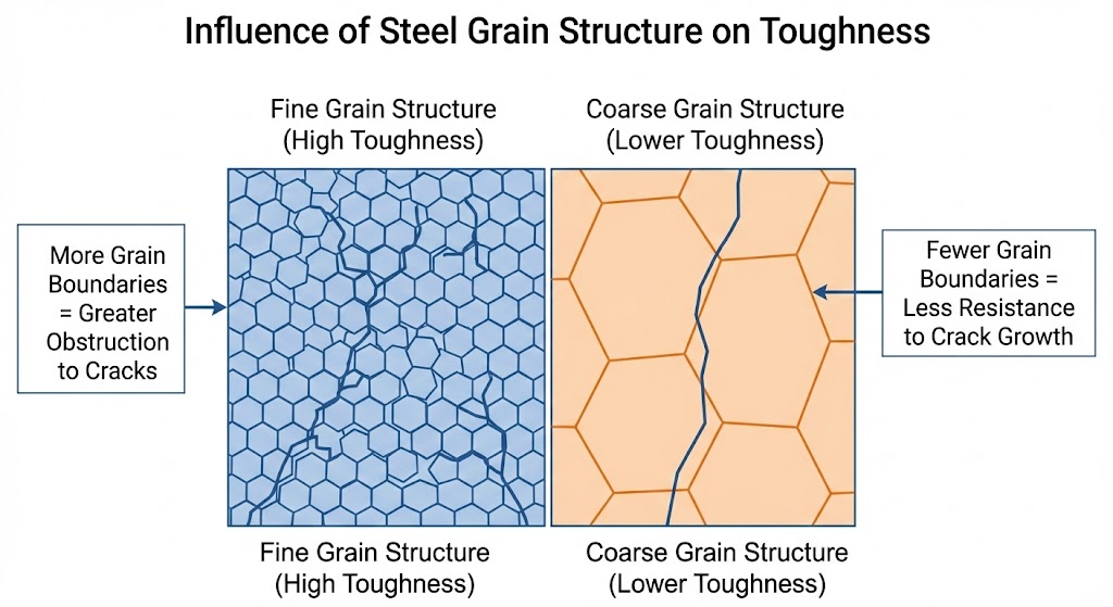 Steel grain structure diagram, showing how toughness impacts strength of jack stands.