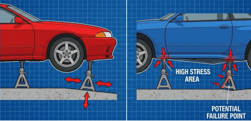 Diagram comparing safe vs. unsafe car lifting with jack stands and potential failure points.