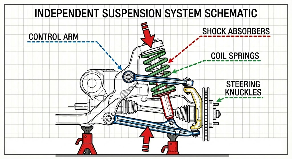 Independent suspension schematic showing components and forces, securely supported by jack stands.