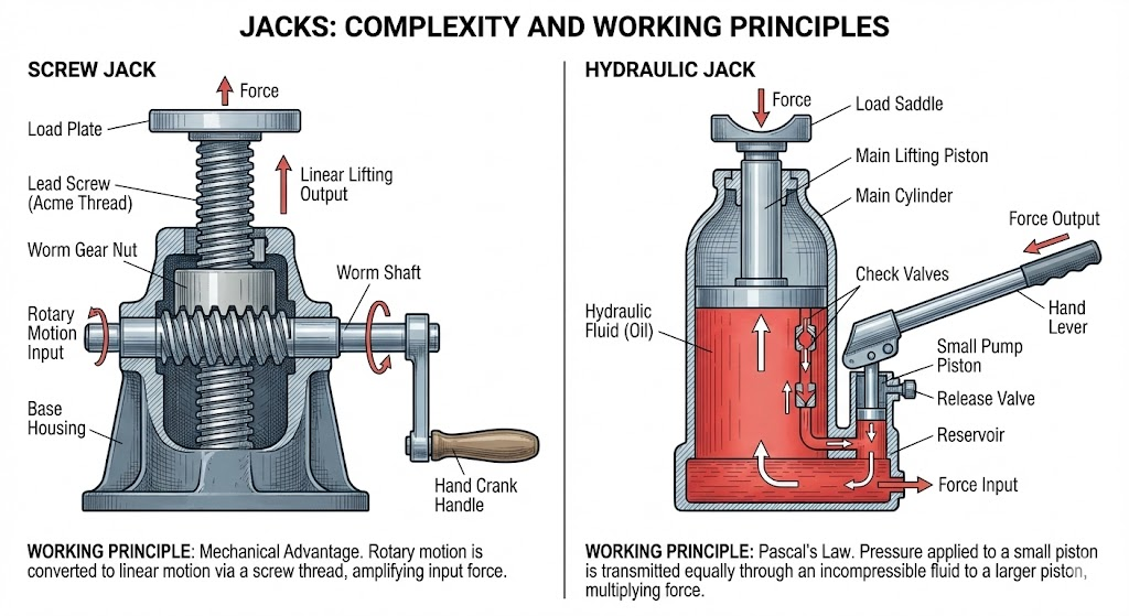 Understanding the principles of screw and hydraulic jacks, often used with jack stands.