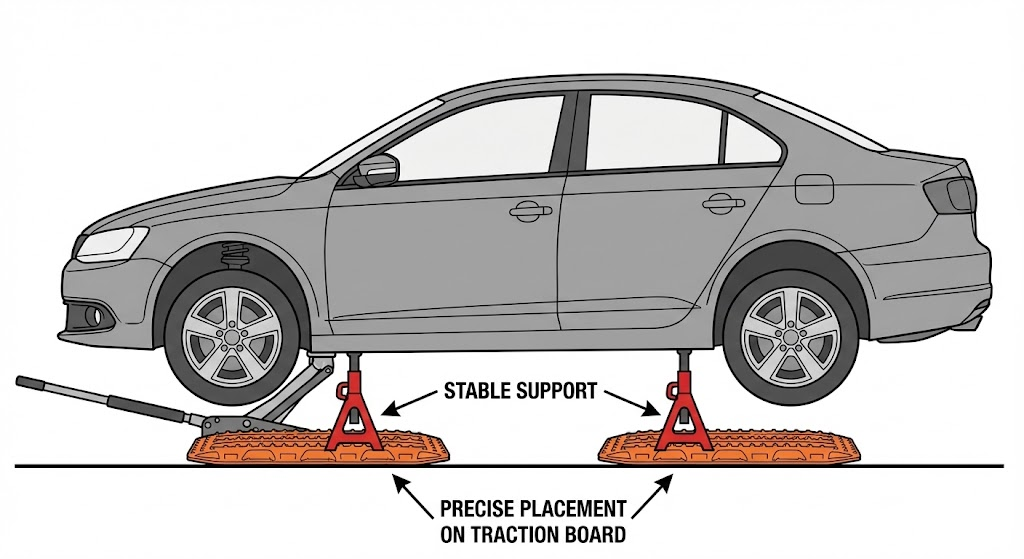 Car safely supported by Jack Stands on traction boards for stable maintenance.