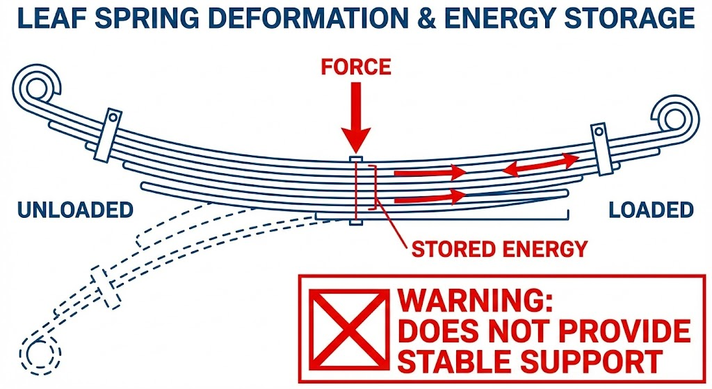Diagram showing leaf spring deformation, warning against using for stable support, unlike Jack Stands.