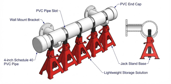 Diagram of PVC pipe storage system securely holding four red jack stands.