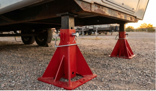 Close-up of sturdy red jack stands supporting an RV trailer on gravel.