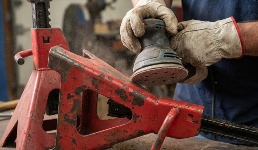Person sanding old red paint off a jack stand with an orbital sander for restoration.