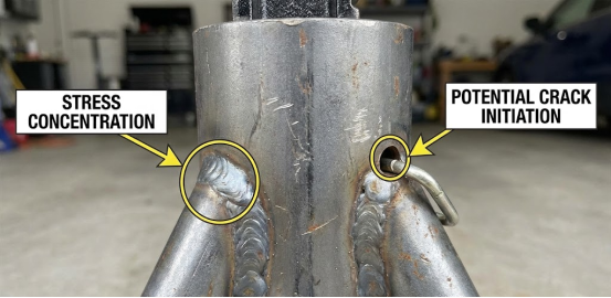 Close-up of jack stands showing stress concentration and potential crack initiation at welds.
